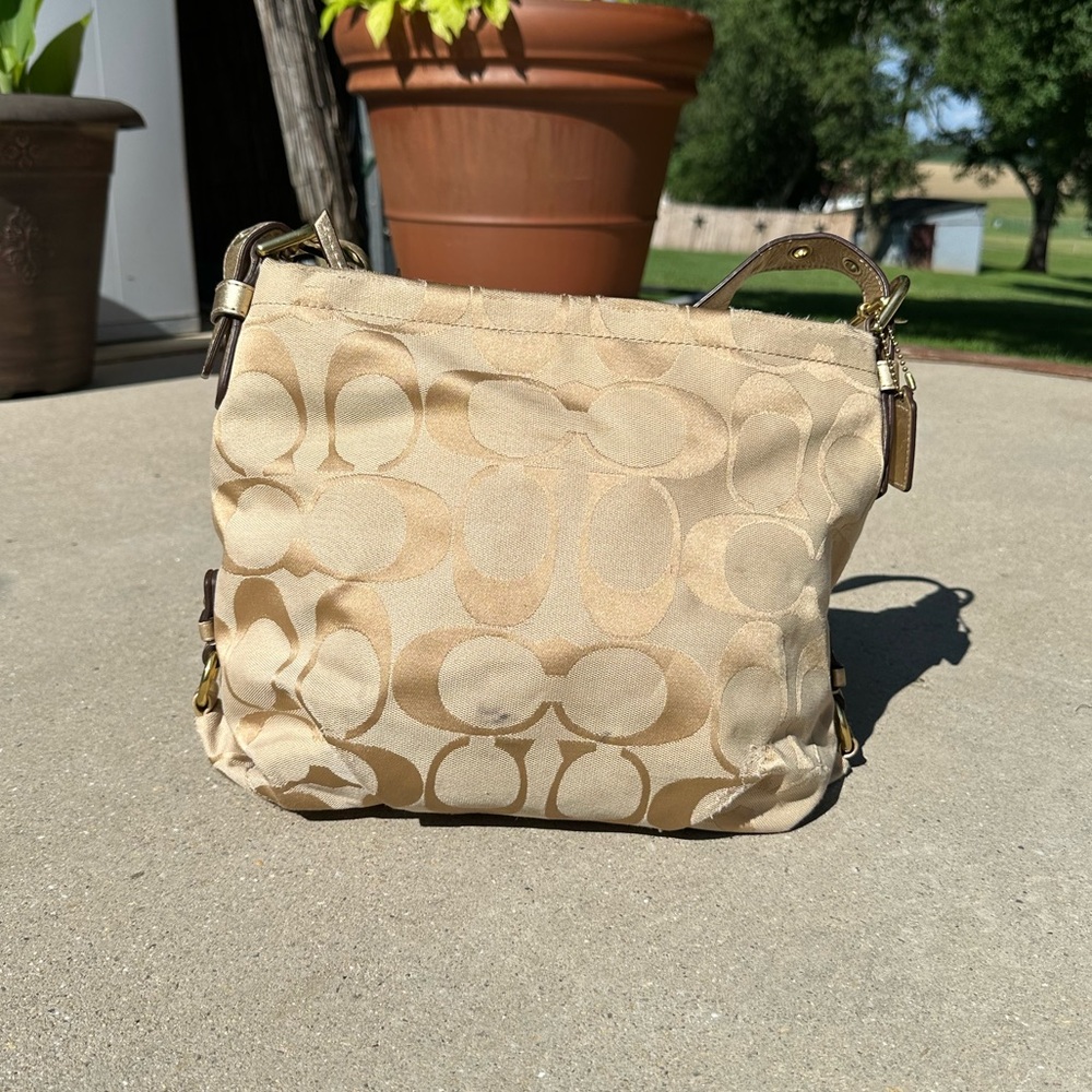 Vintage Coach Canvas Bag/Purse Monogram Print Cream and Gold